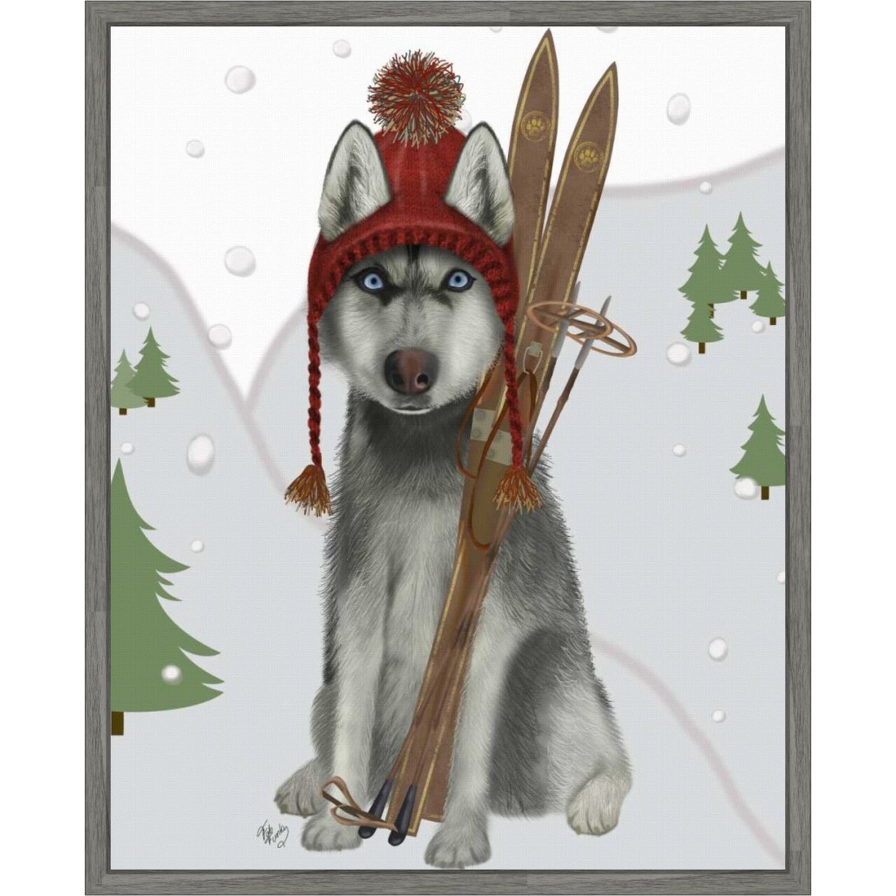 Husky Skiing by Fab Funky 23-in. W x 28-in. H. Canvas Wall Art Print Framed
